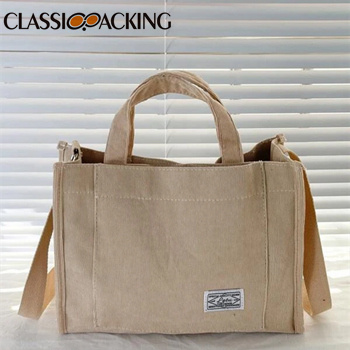 Fashionable Beige Letter Patch Corduroy Tote Bag Wholesale