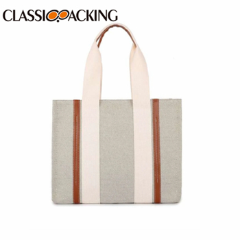 Large Beige Preppy Striped Wholesale Shoulder Tote Bags