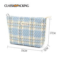 blue and white plaid toiletry bag size